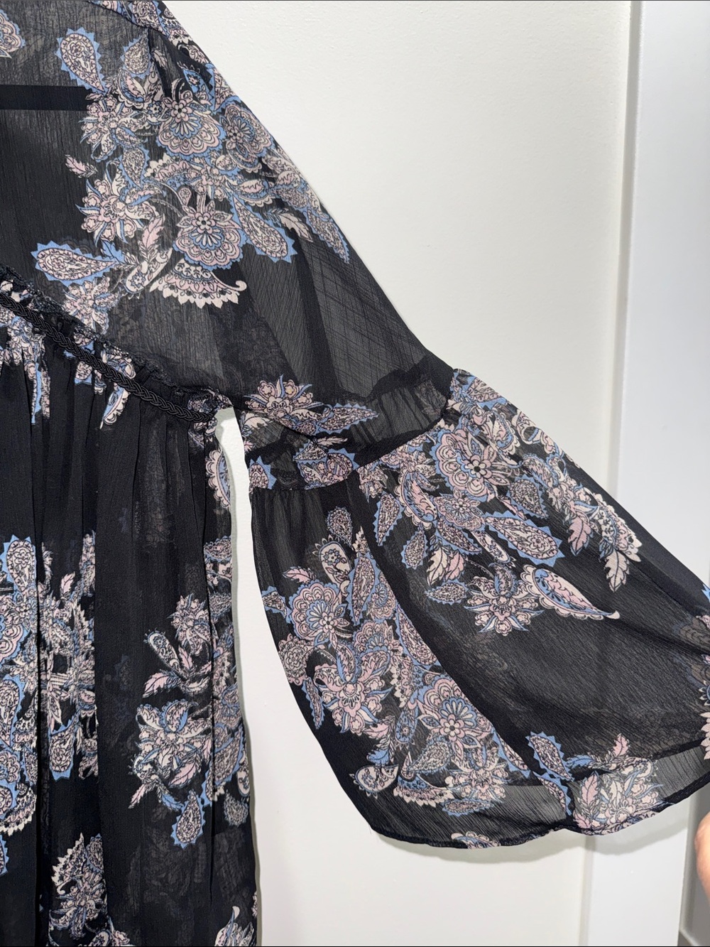 Boho Sheer Black Floral Tie-Neck Women's Top - Picture 4 of 5